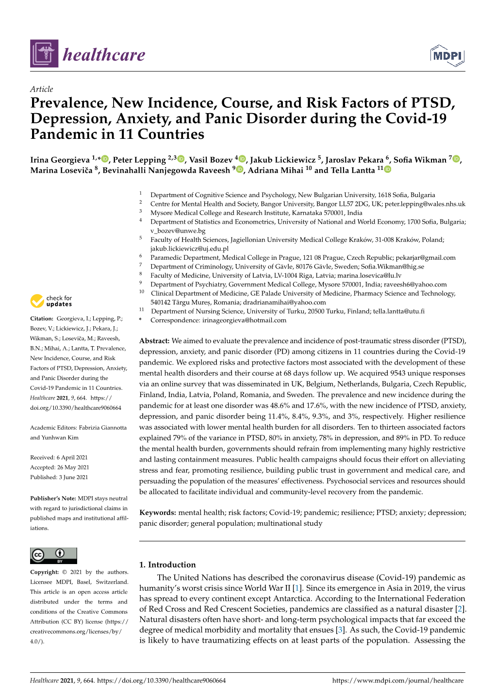 Prevalence, New Incidence, Course, and Risk Factors of PTSD, Depression, Anxiety, and Panic Disorder During the Covid-19 Pandemic in 11 Countries