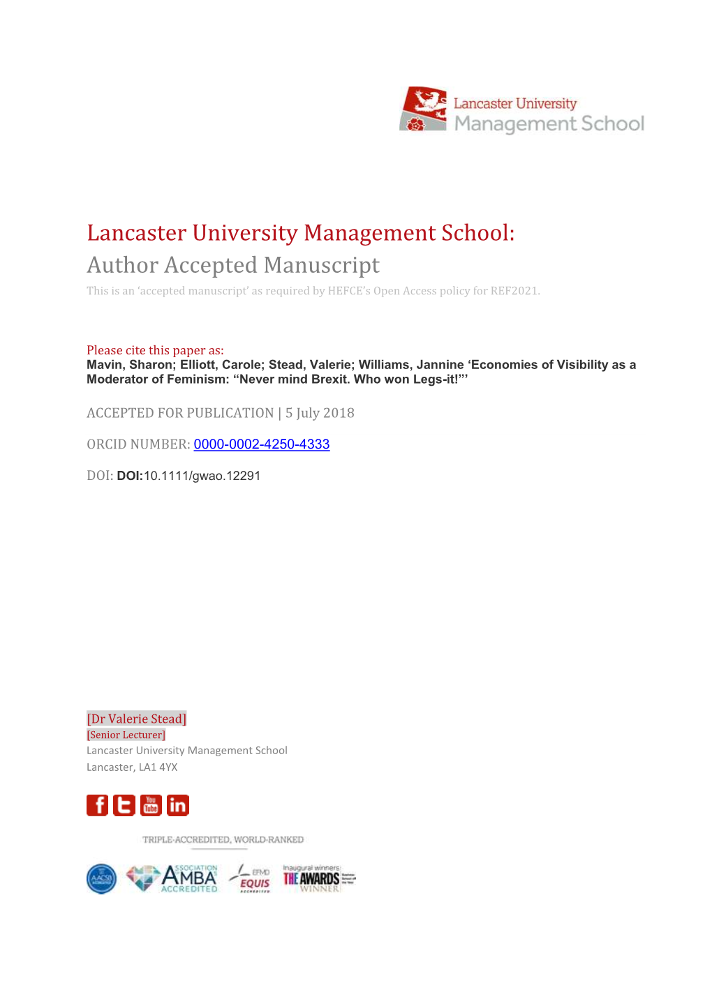 Lancaster University Management School: Author Accepted Manuscript This Is an ‘Accepted Manuscript’ As Required by HEFCE’S Open Access Policy for REF2021