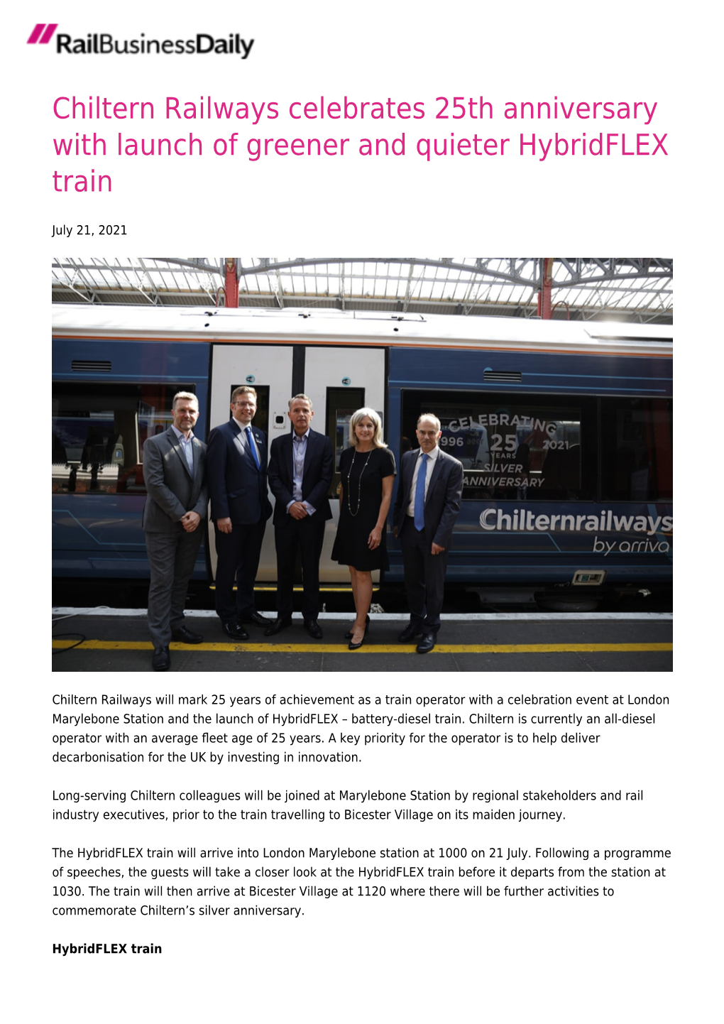 Chiltern Railways Celebrates 25Th Anniversary with Launch of Greener and Quieter Hybridflex Train