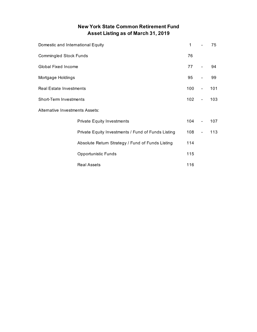 Asset Listing for the New York State Common Retirement Fund As of March 31, 2019