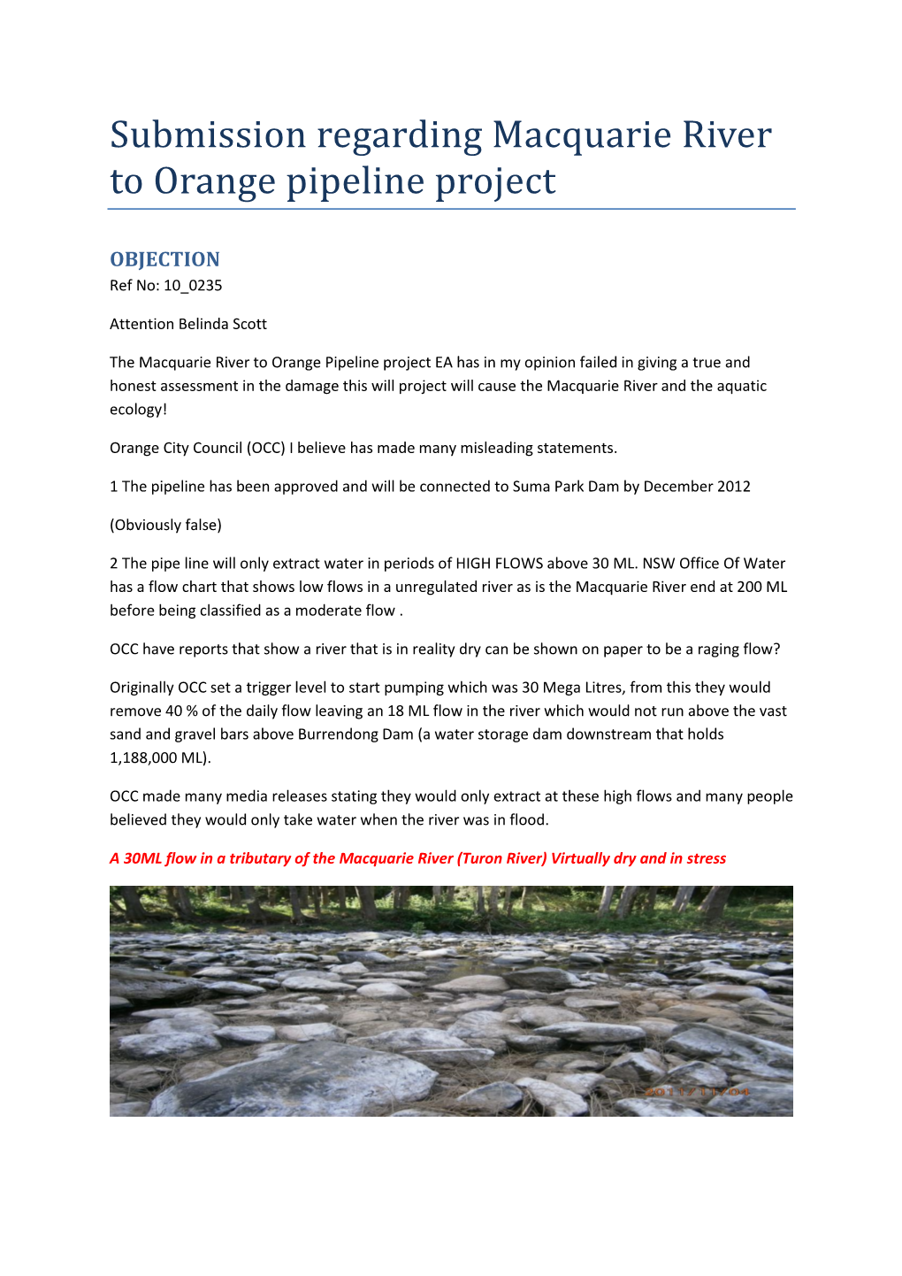 Submission Regarding Macquarie River to Orange Pipeline Project