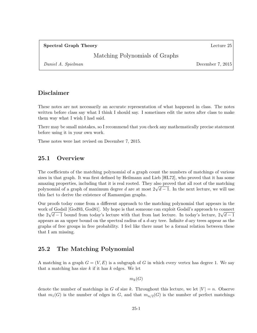 The Matching Polynomial of a Graph