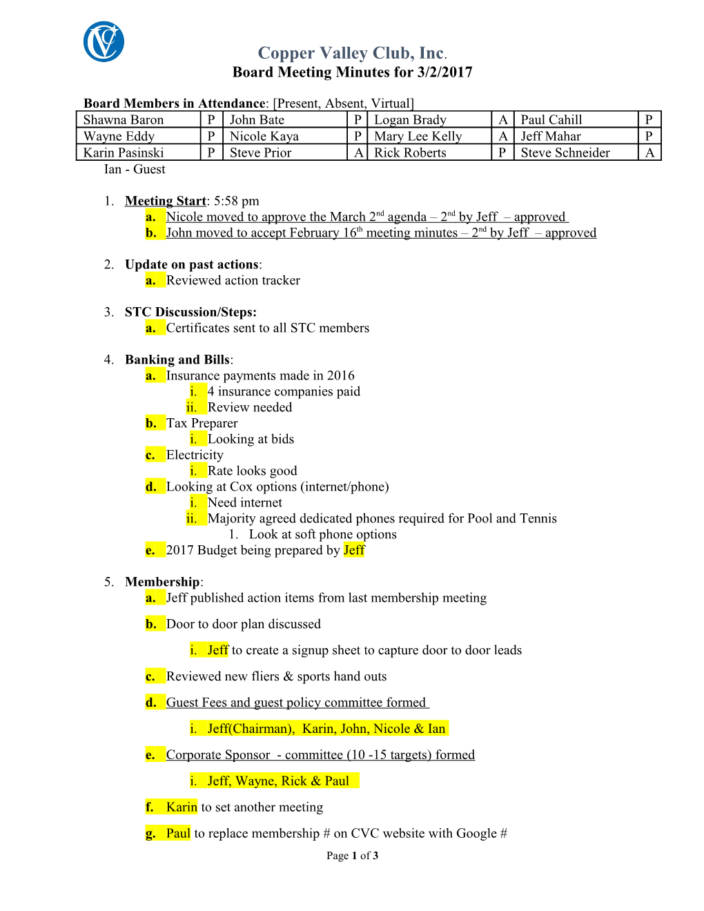 Board Meeting Minutes for 3/2/2017