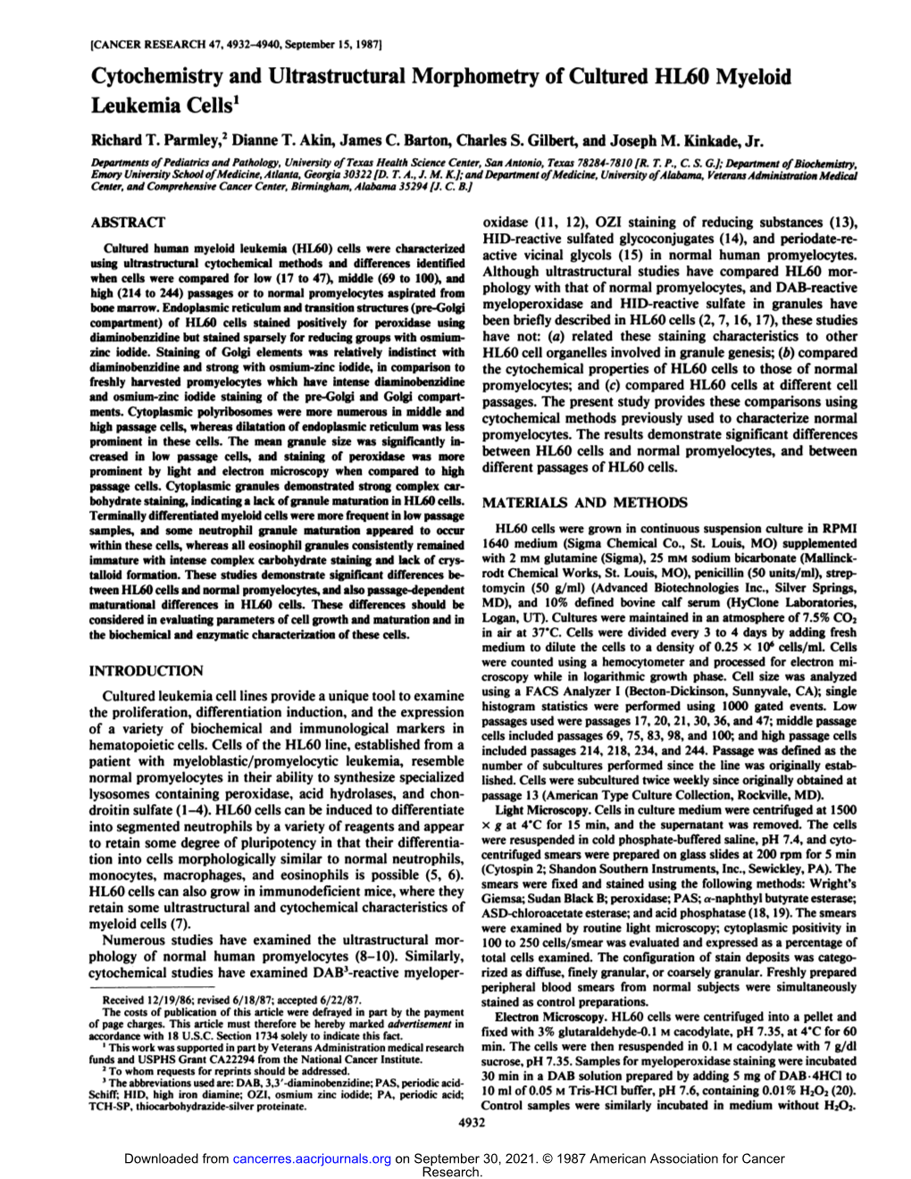 Cytochemistry and Ultrastructural Morphometry of Cultured HL60 Myeloid Leukemia Cells1 Richard T