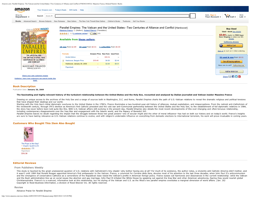 Amazon.Com: Parallel Empires: the Vatican and the United States--Two Centuries of Alliance and Conflict (9780385518932): Massimo Franco, Roland Flamini: Books