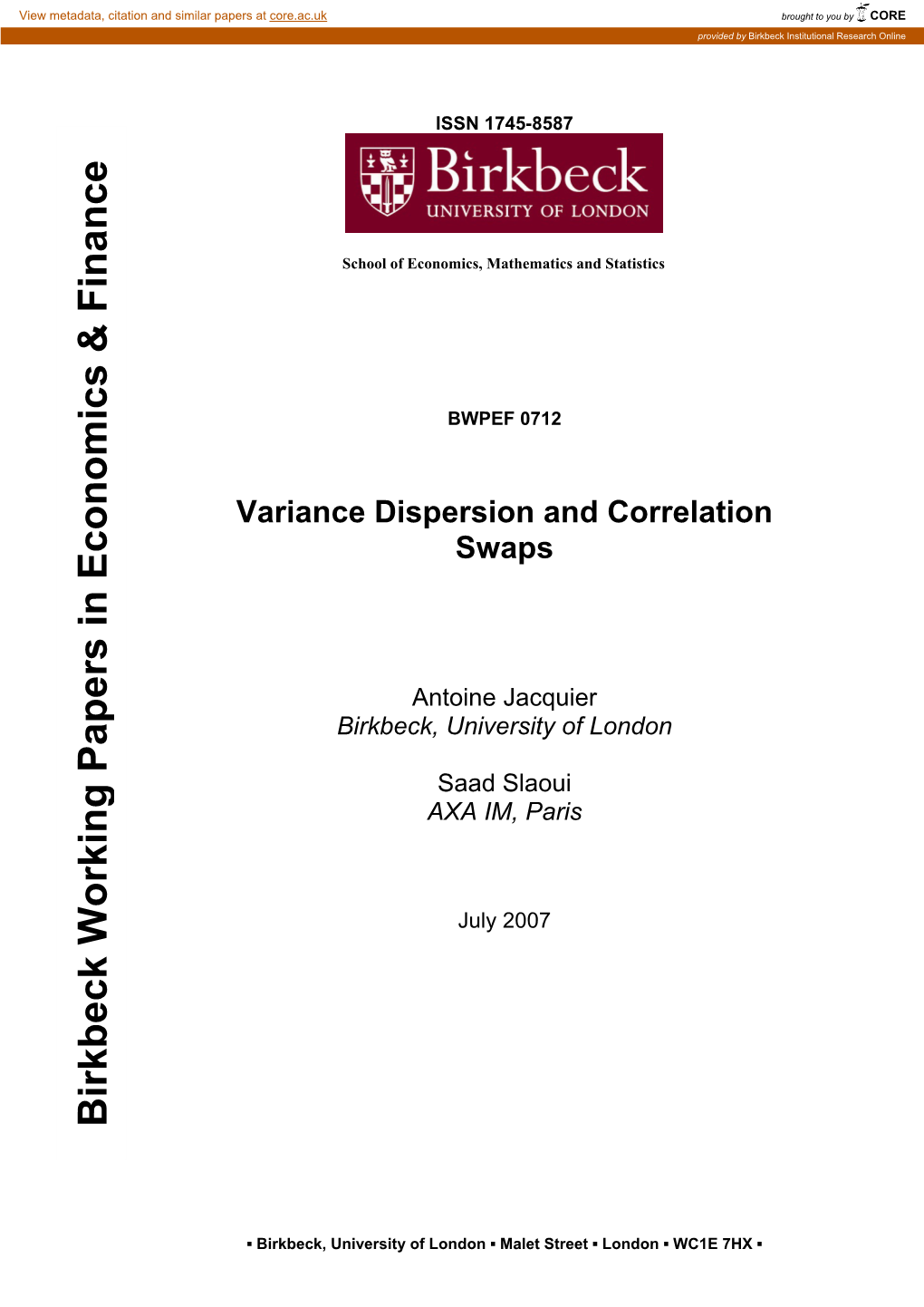 Variance Dispersion and Correlation Swaps