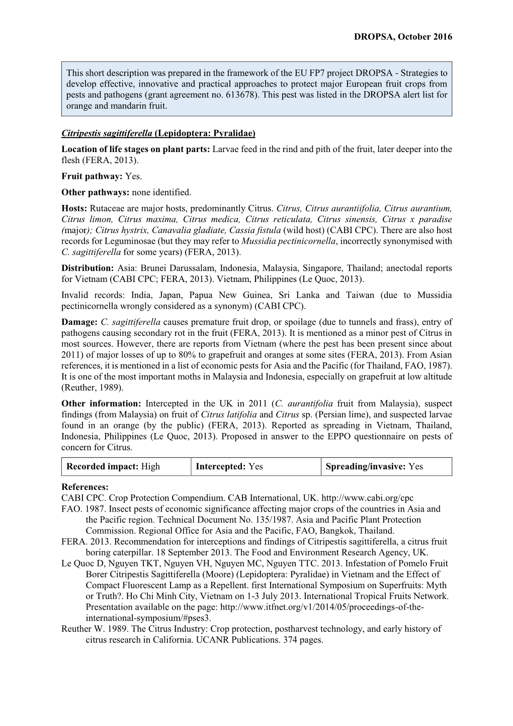 Mini Data Sheet on Citripestis Sagittiferella