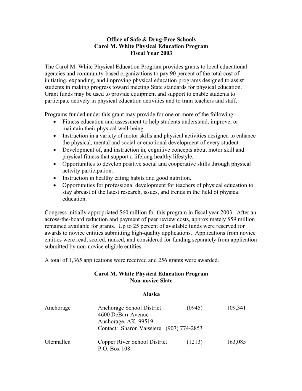 FY 2003 Carol M. White Physical Education Program Awards