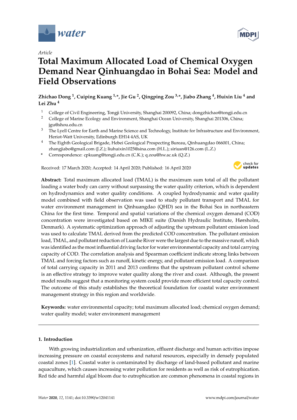 Total Maximum Allocated Load of Chemical Oxygen Demand Near Qinhuangdao in Bohai Sea: Model and Field Observations