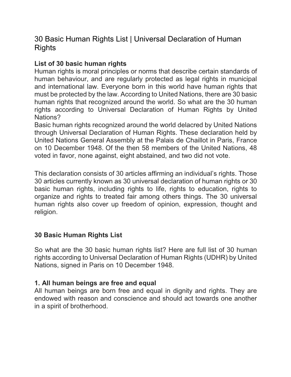 30 Basic Human Rights List | Universal Declaration of Human Rights