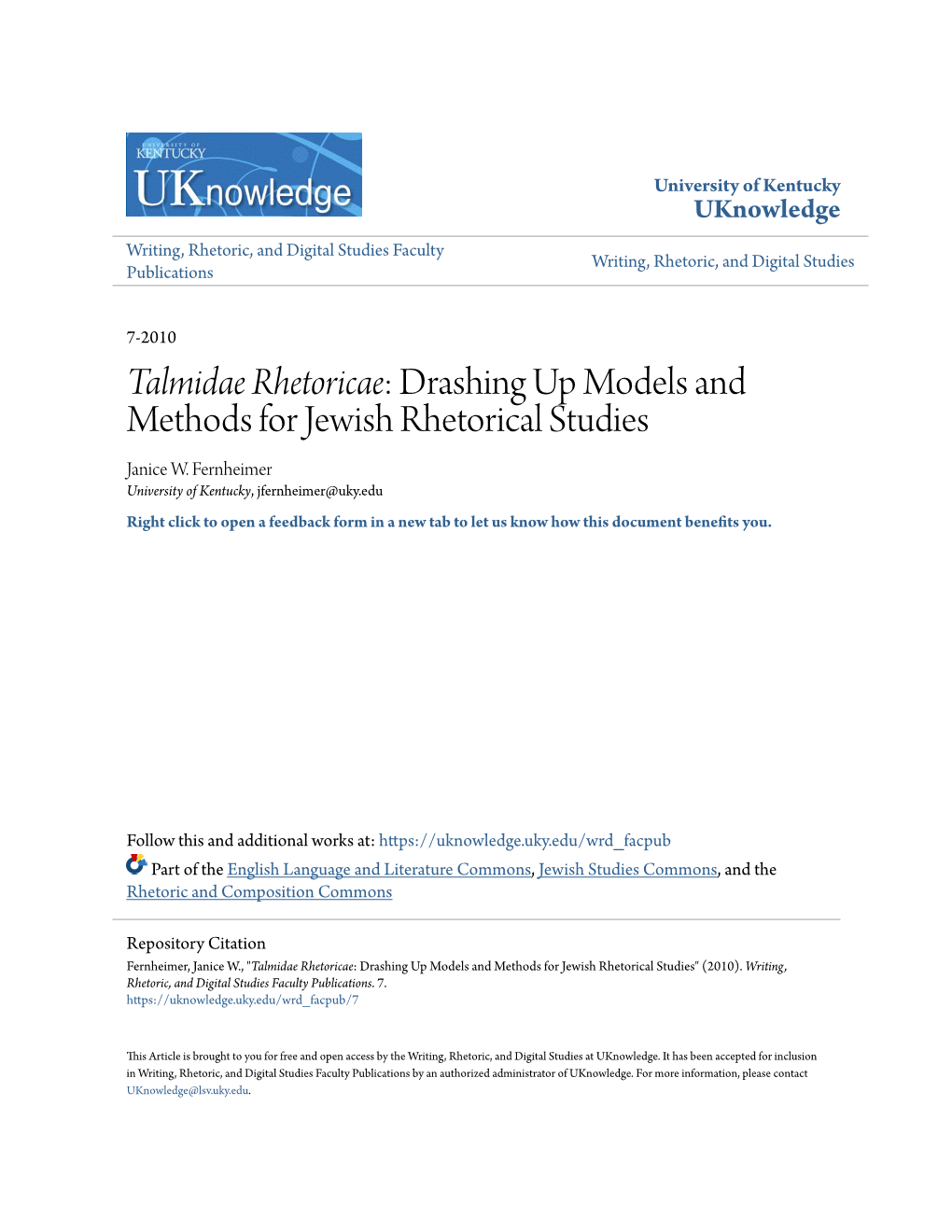 Drashing up Models and Methods for Jewish Rhetorical Studies Janice W