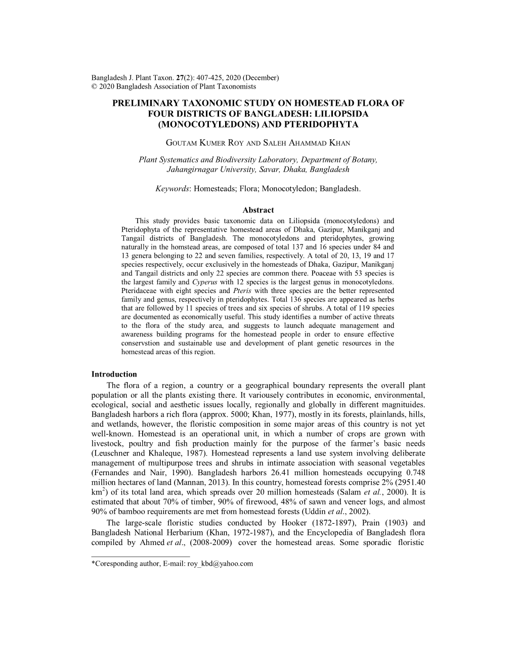 Preliminary Taxonomic Study on Homestead Flora of Four Districts of Bangladesh: Liliopsida (Monocotyledons) and Pteridophyta