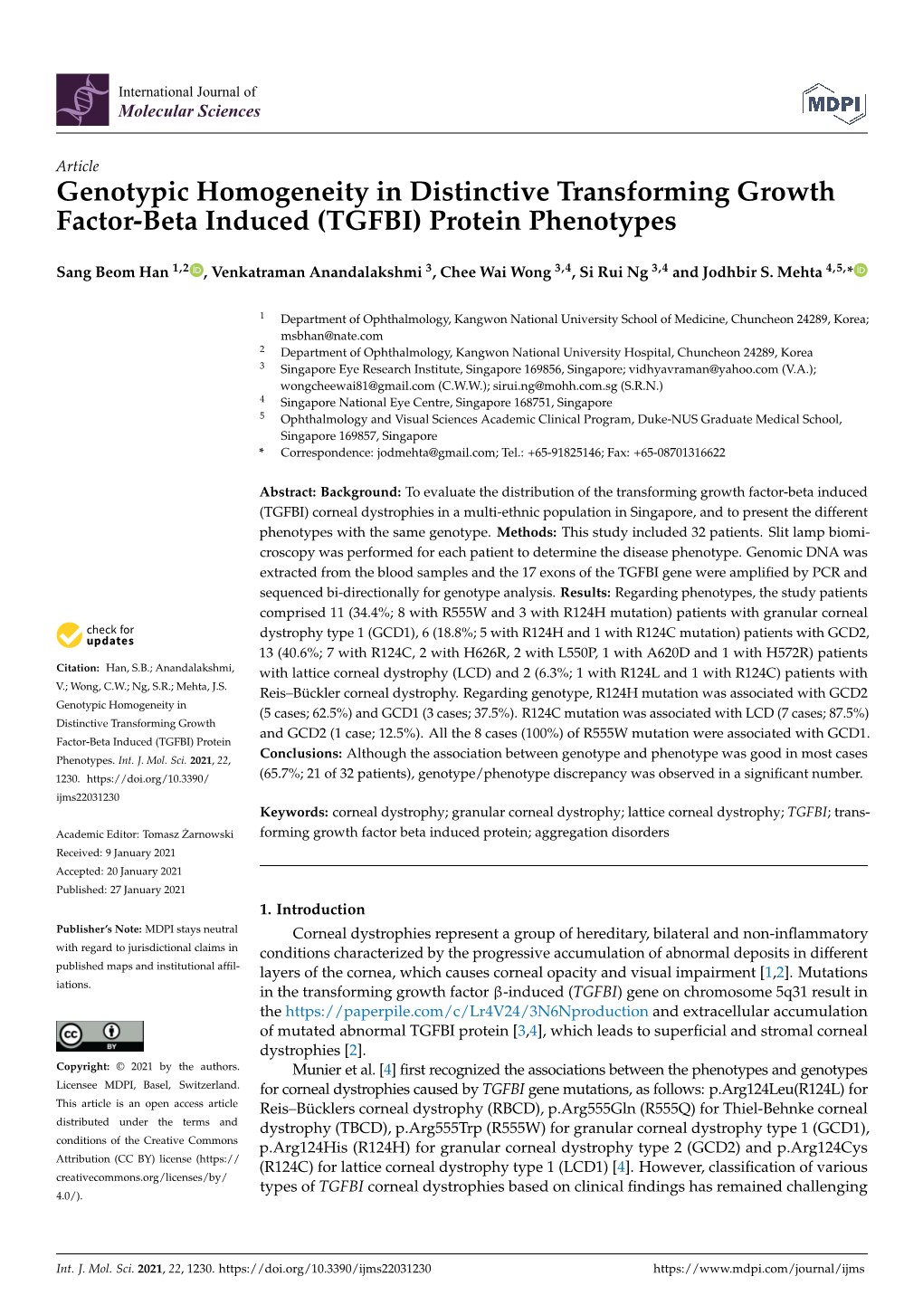 Genotypic Homogeneity in Distinctive Transforming Growth Factor-Beta Induced (TGFBI) Protein Phenotypes