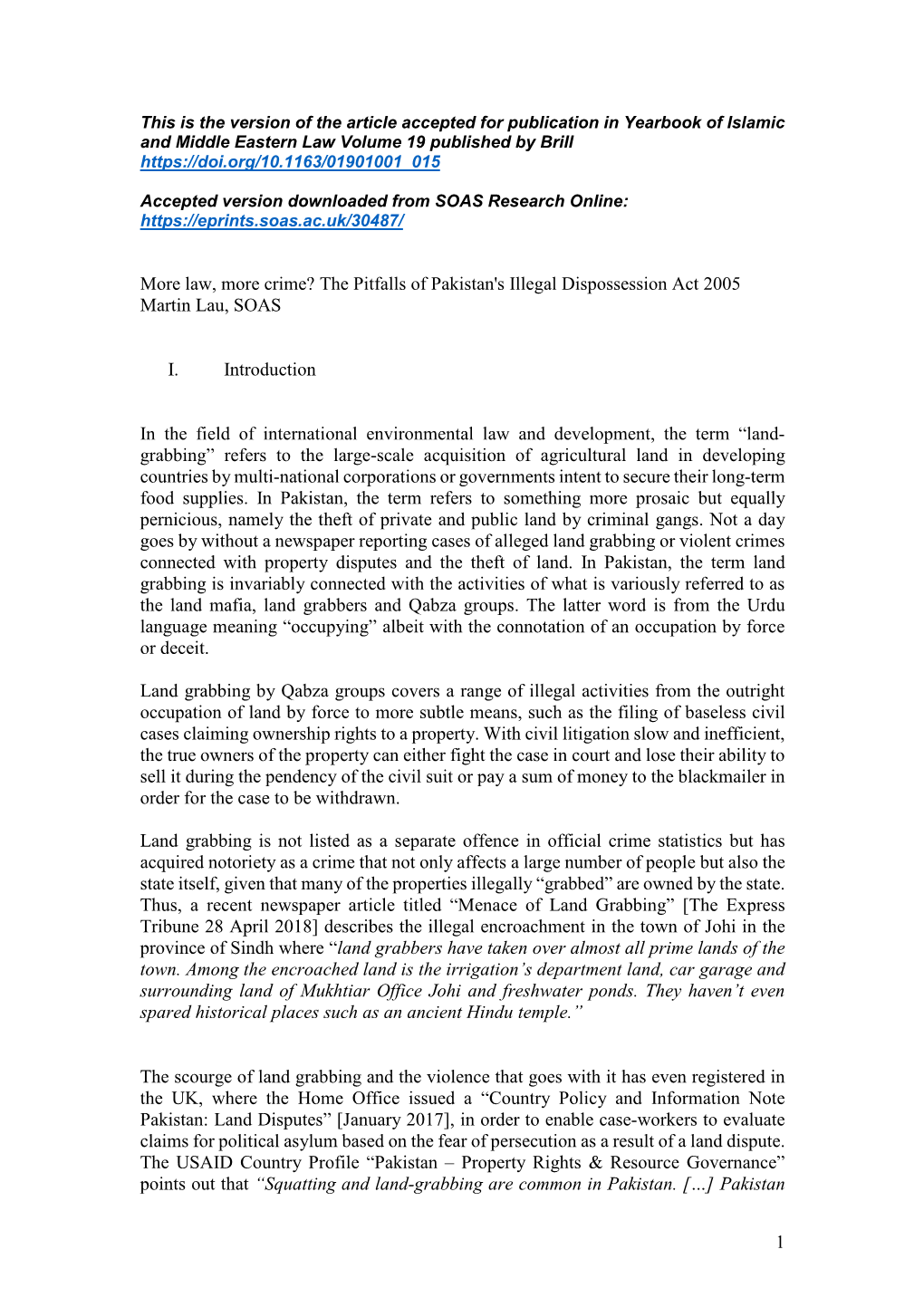 The Pitfalls of Pakistan's Illegal Dispossession Act 2005 Martin Lau, SOAS