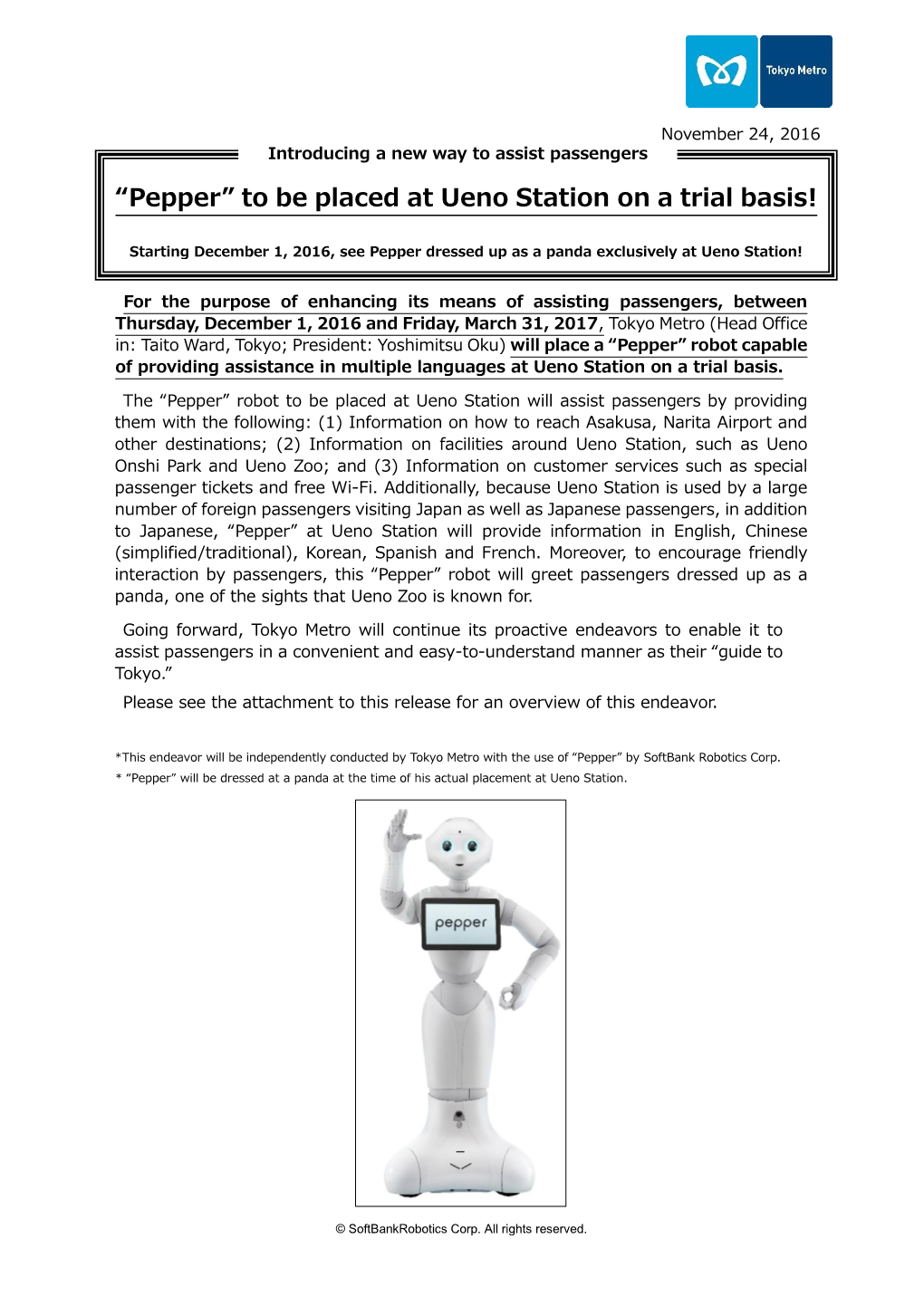 “Pepper” to Be Placed at Ueno Station on a Trial Basis!(PDF：671