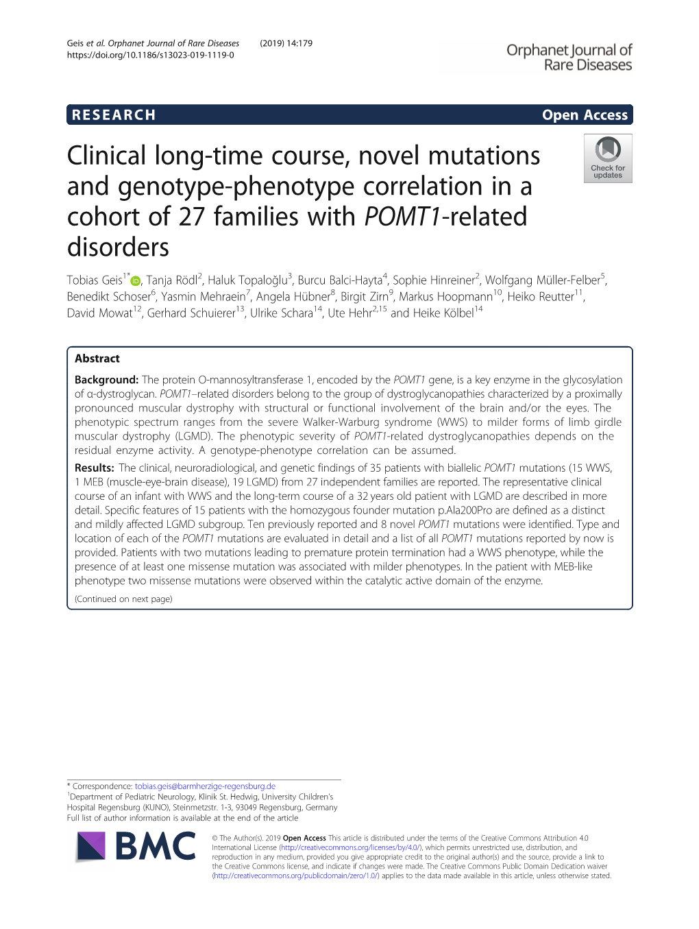 Clinical Long-Time Course, Novel Mutations and Genotype-Phenotype Correlation in a Cohort of 27 Families with POMT1-Related Diso