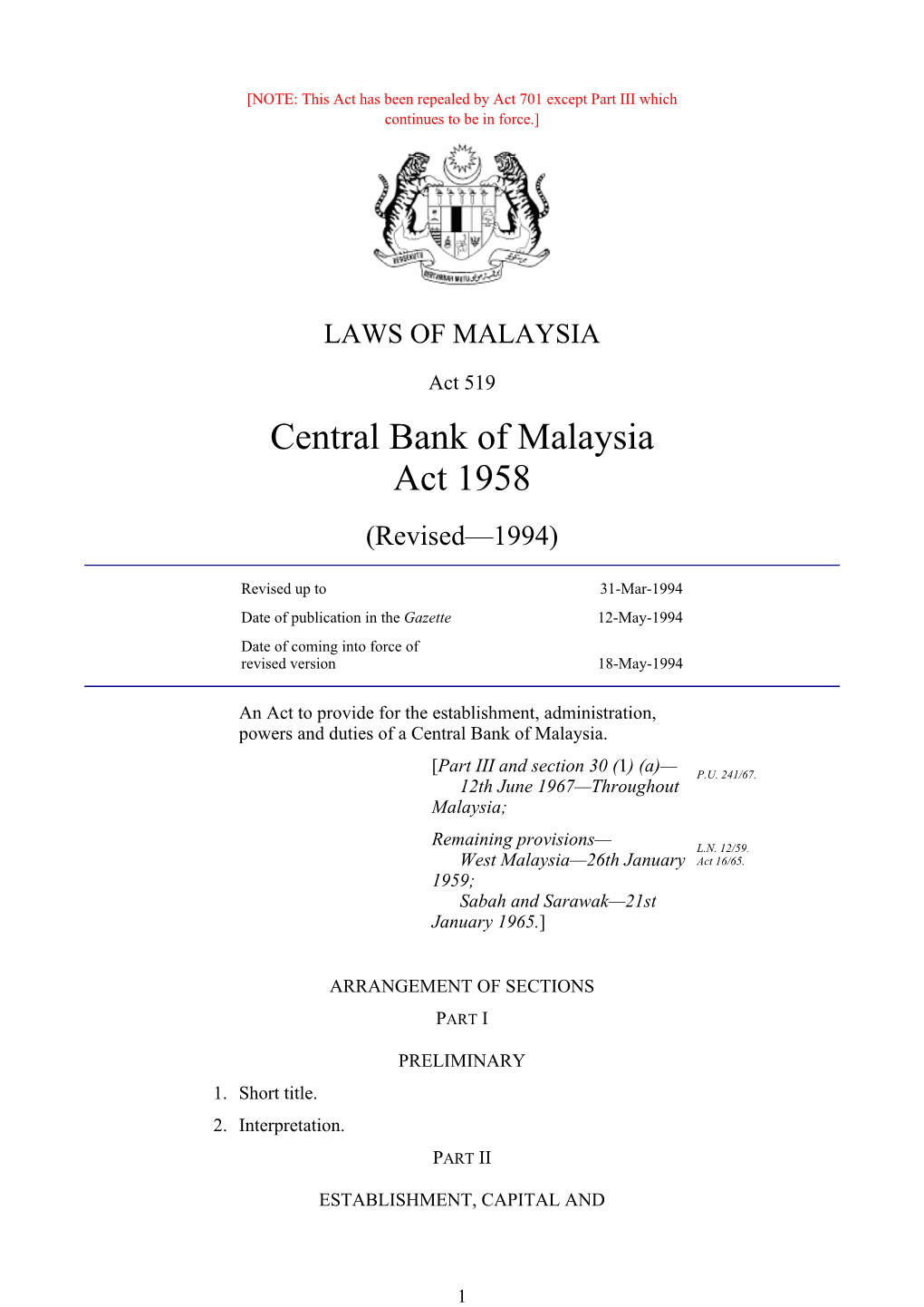 Central Bank of Malaysia Act 1958 (Revised—1994)