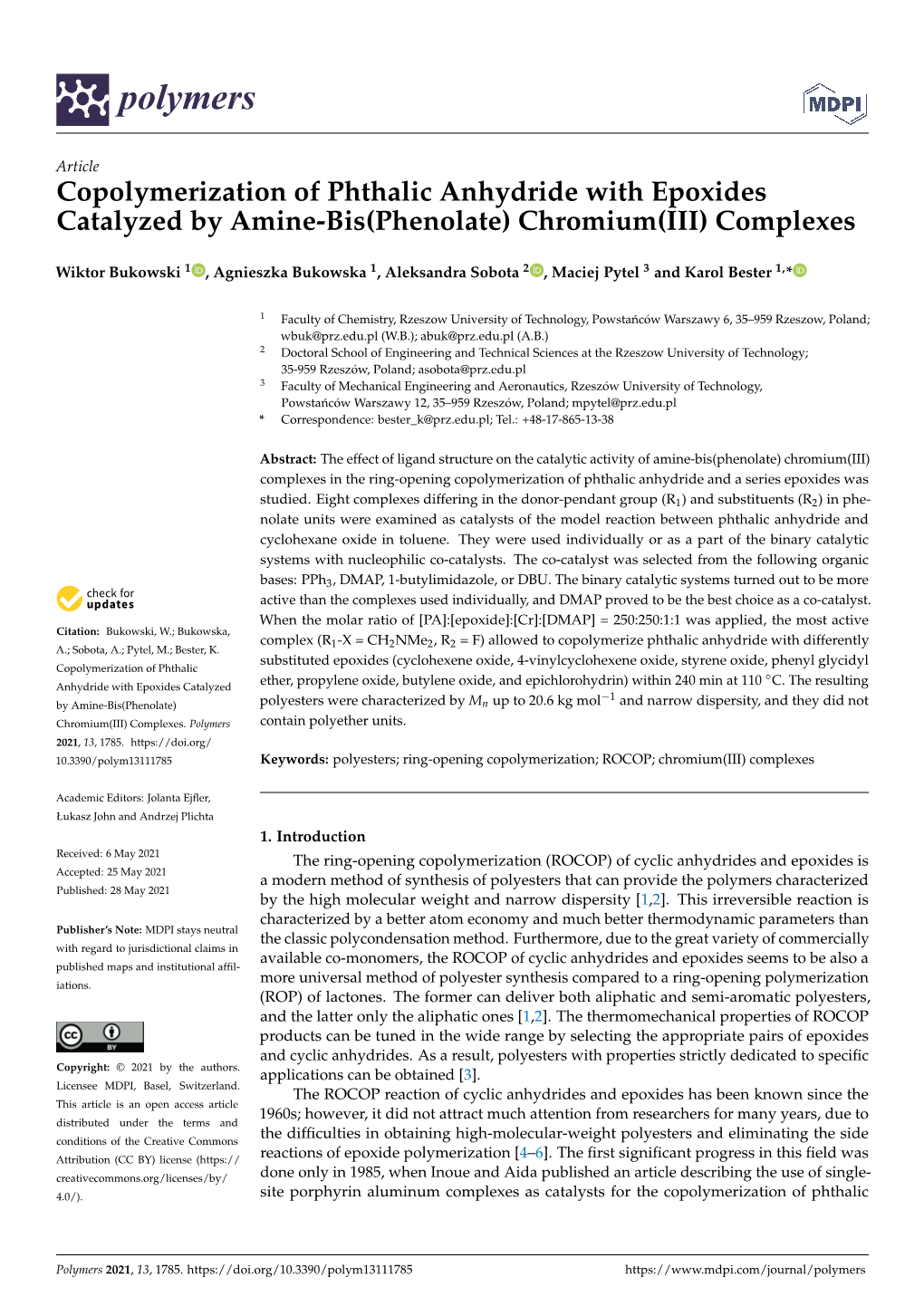 Copolymerization of Phthalic Anhydride with Epoxides Catalyzed by Amine-Bis(Phenolate) Chromium(III) Complexes