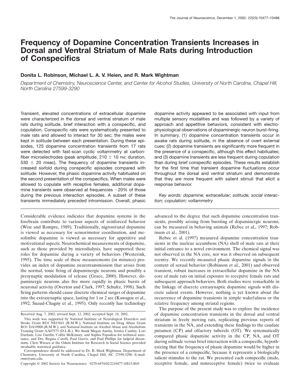 Frequency of Dopamine Concentration Transients Increases in Dorsal and Ventral Striatum of Male Rats During Introduction of Conspeciﬁcs