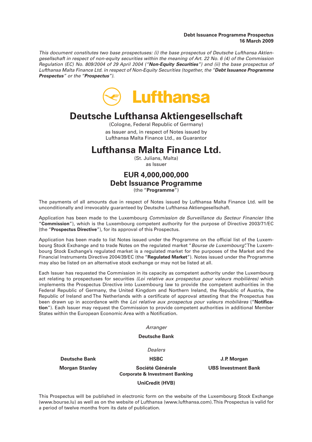 Deutsche Lufthansa Aktiengesellschaft Lufthansa Malta Finance Ltd