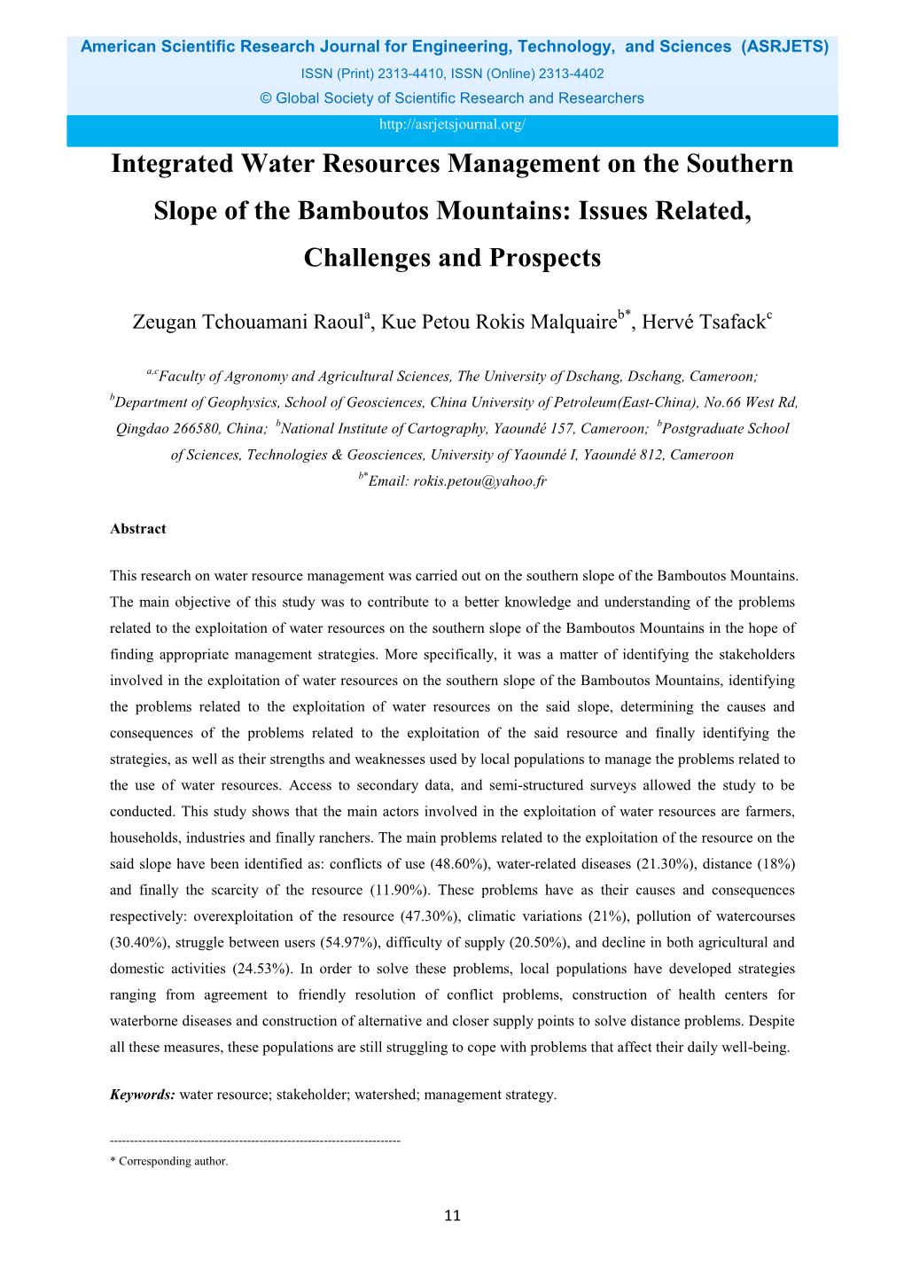 Integrated Water Resources Management on the Southern Slope of the Bamboutos Mountains: Issues Related, Challenges and Prospects