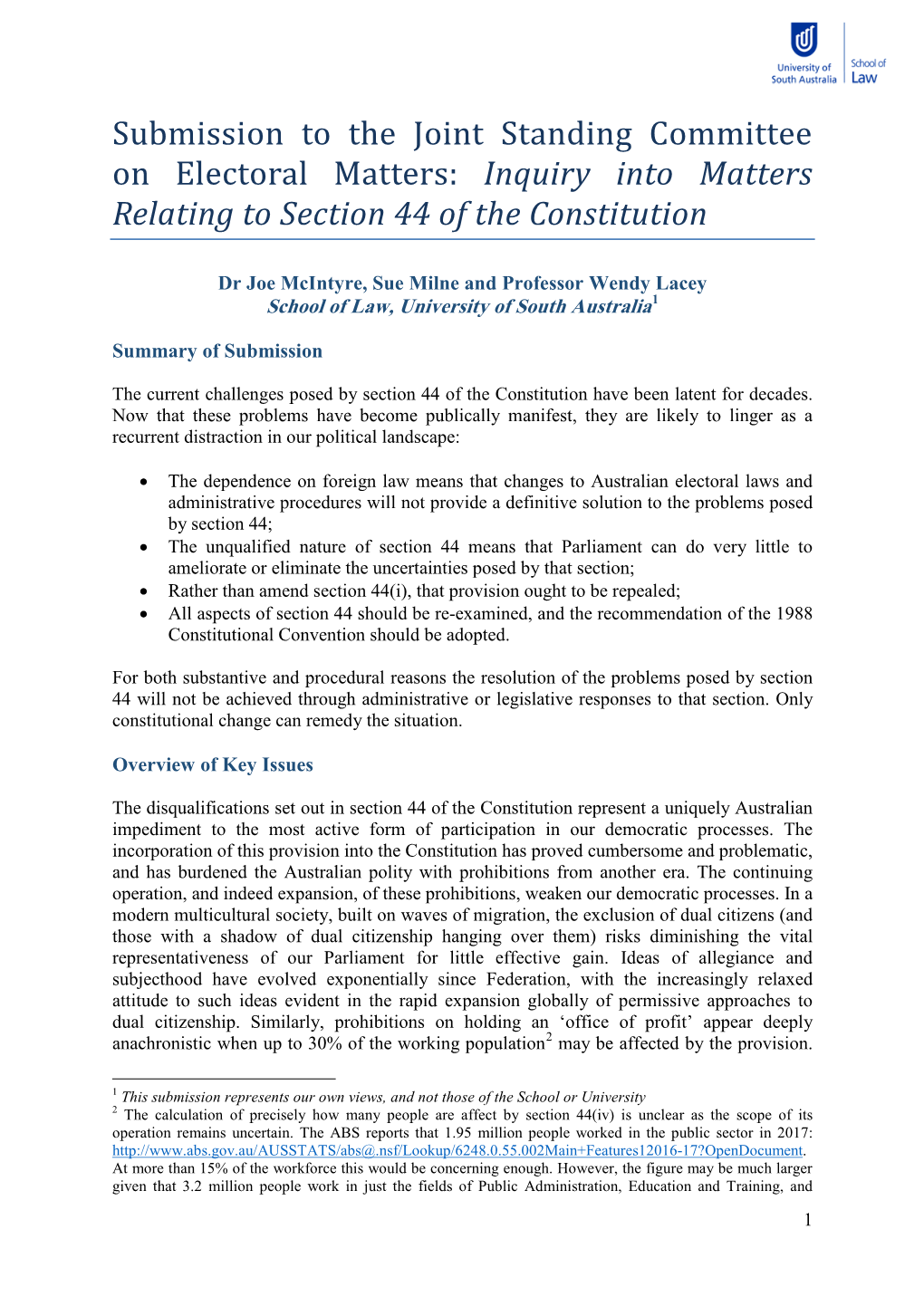 Submission to the Joint Standing Committee on Electoral Matters: Inquiry Into Matters Relating to Section 44 of the Constitution