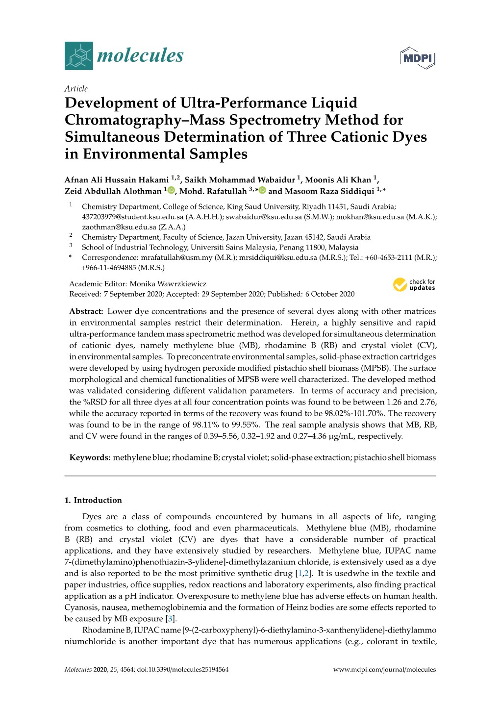 Development of Ultra-Performance Liquid Chromatography–Mass Spectrometry Method for Simultaneous Determination of Three Cationic Dyes in Environmental Samples