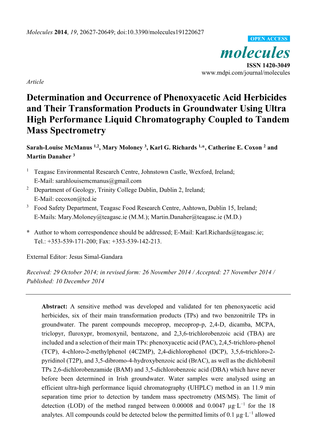 Determination and Occurrence of Phenoxyacetic Acid Herbicides And