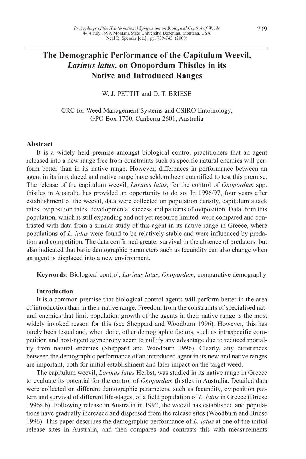 The Demographic Performance of the Capitulum Weevil, Larinus Latus, on Onopordum Thistles in Its Native and Introduced Ranges