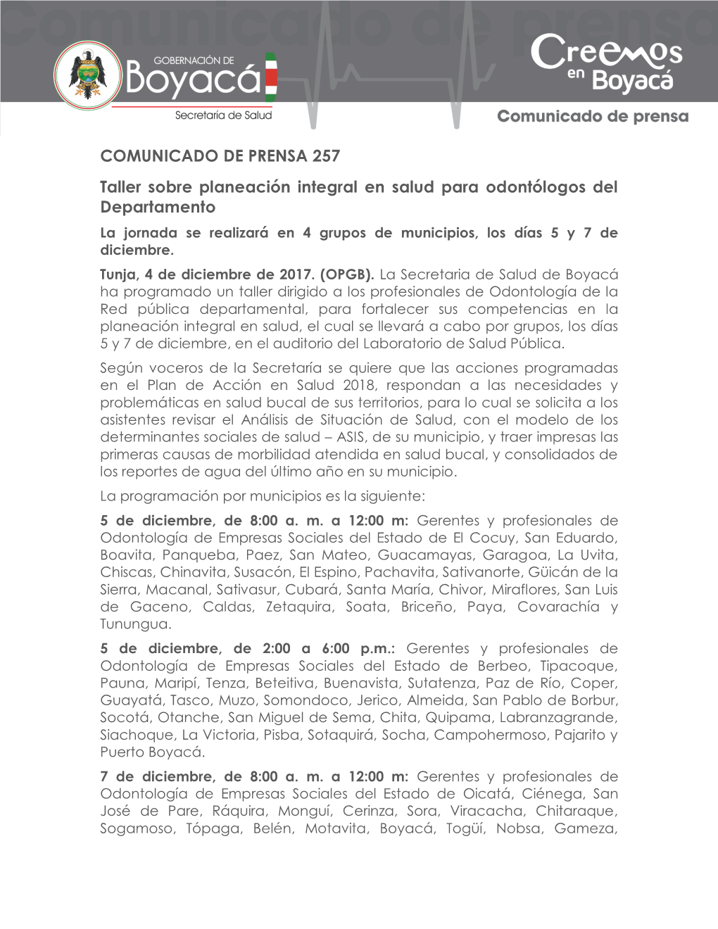 COMUNICADO DE PRENSA 257 Taller Sobre Planeación Integral En Salud Para Odontólogos Del Departamento