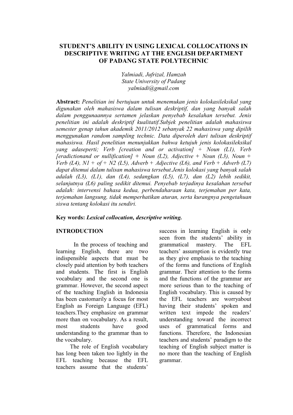 Student's Ability in Using Lexical Collocations in Descriptive Writing at the English Department of Padang State Polytechnic