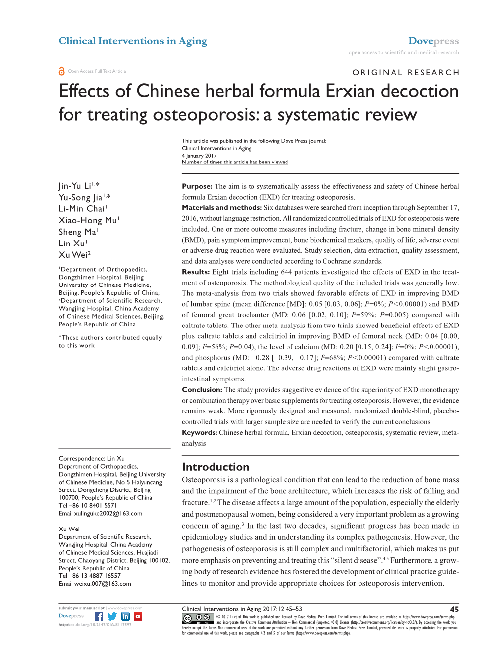 Effects of Chinese Herbal Formula Erxian Decoction for Treating Osteoporosis: a Systematic Review