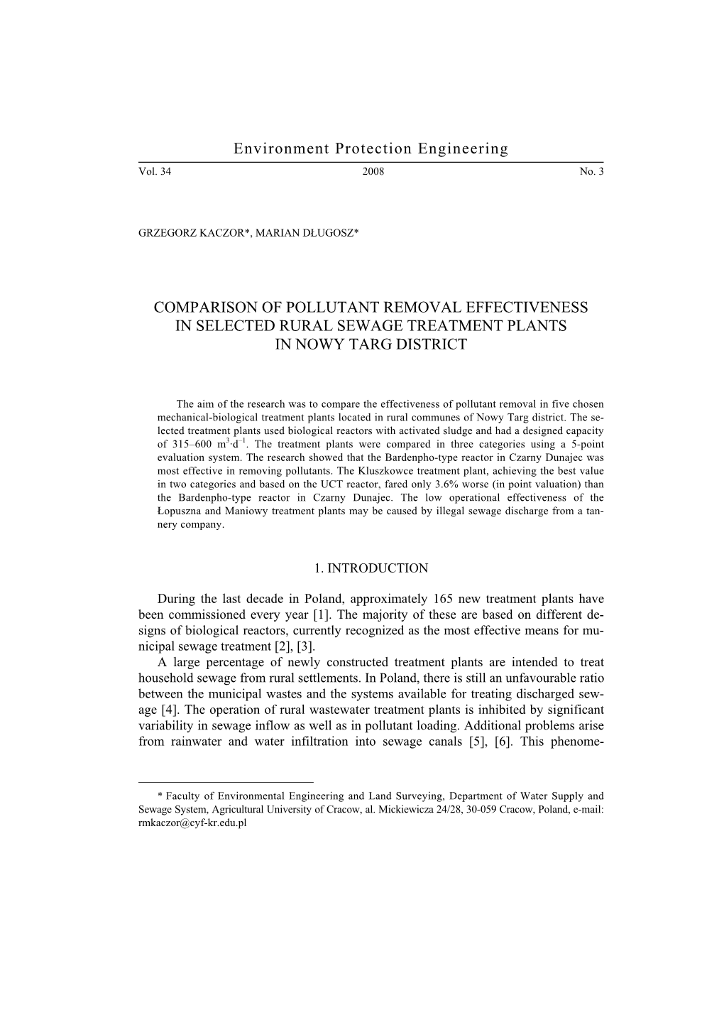 Comparison of Pollutant Removal Effectiveness in Selected Rural Sewage Treatment Plants in Nowy Targ District