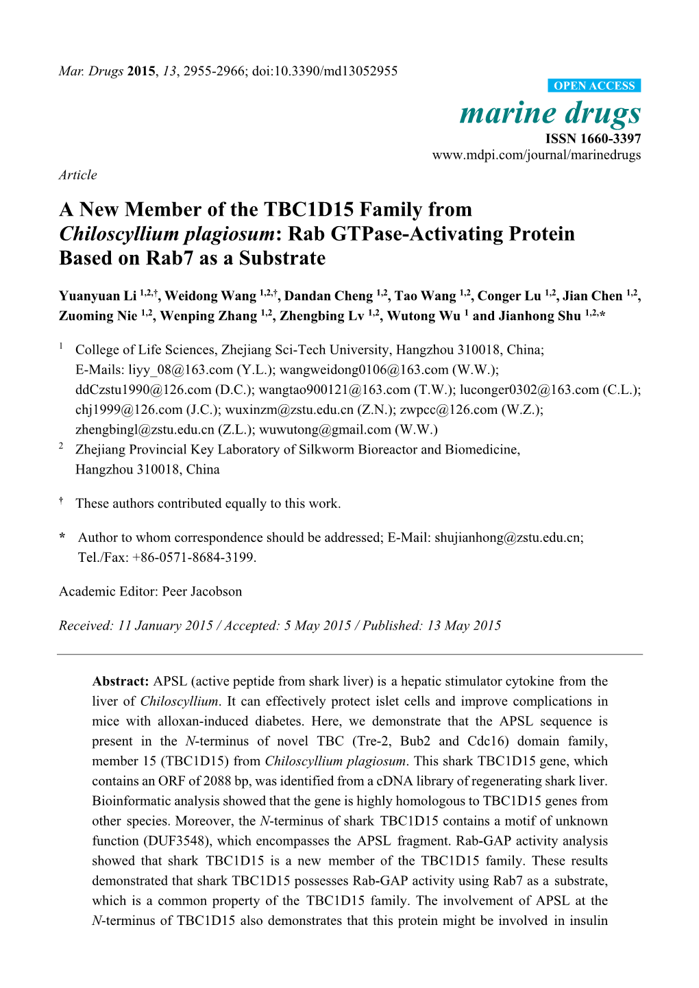 A New Member of the TBC1D15 Family from Chiloscyllium Plagiosum: Rab Gtpase-Activating Protein Based on Rab7 As a Substrate