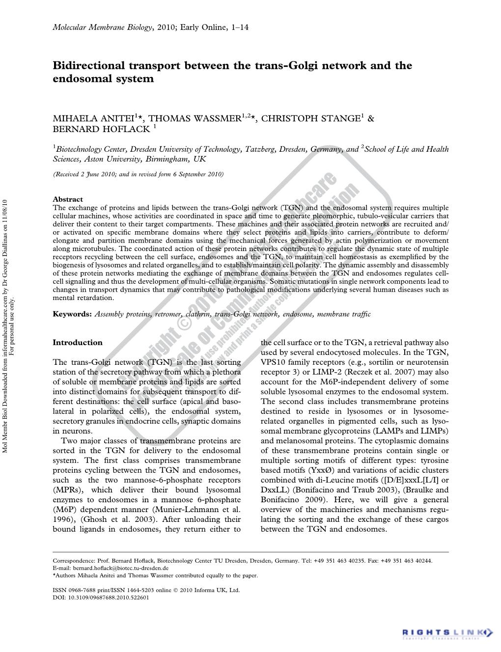 Bidirectional Transport Between the Trans-Golgi Network and the Endosomal System