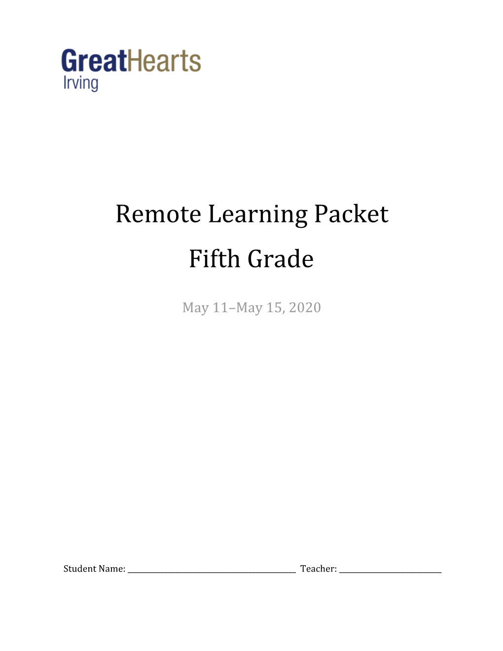 Remote Learning Packet Fifth Grade