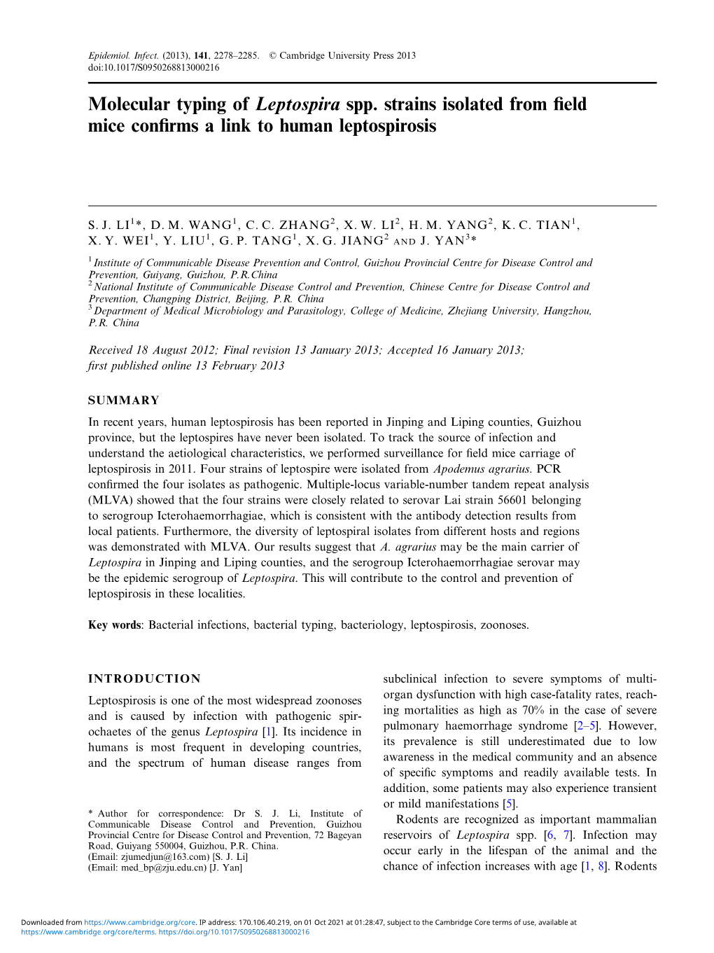 Molecular Typing of Leptospira Spp. Strains Isolated from Field Mice Confirms a Link to Human Leptospirosis