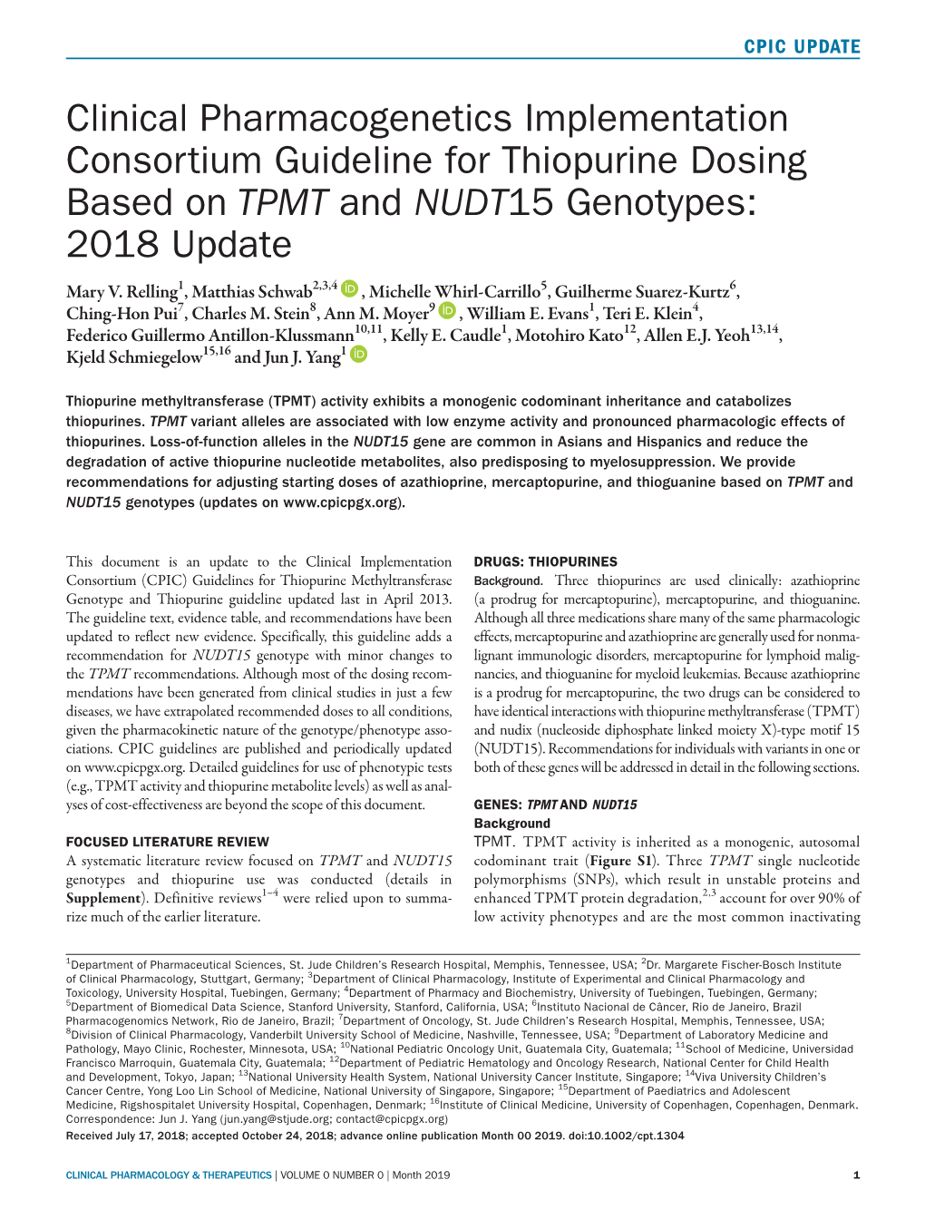 Clinical Pharmacogenetics Implementation Consortium Guideline for Thiopurine Dosing Based on TPMT and NUDT15 Genotypes: 2018 Update Mary V