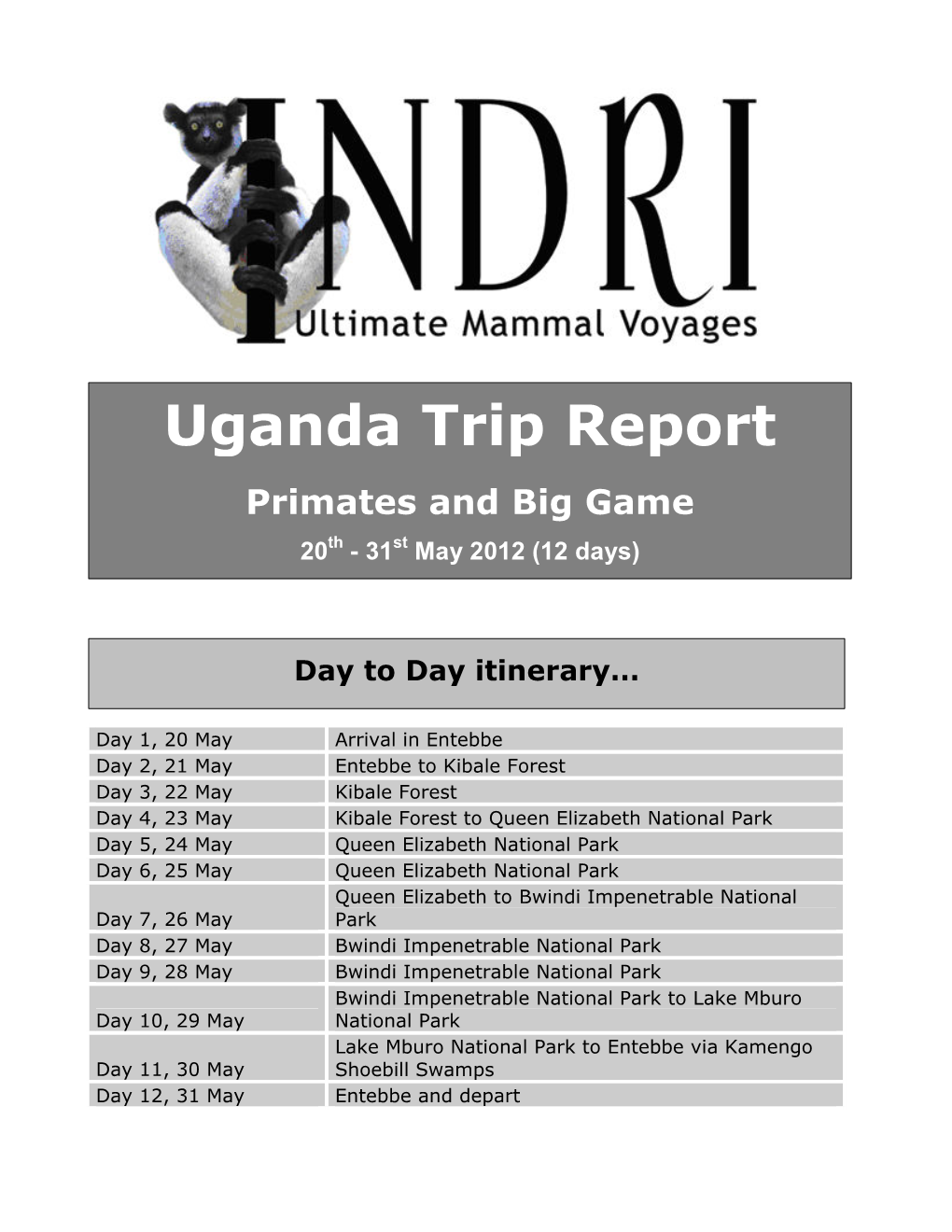 Uganda Trip Report 2 to 15 May 2012 Primates and Big Game