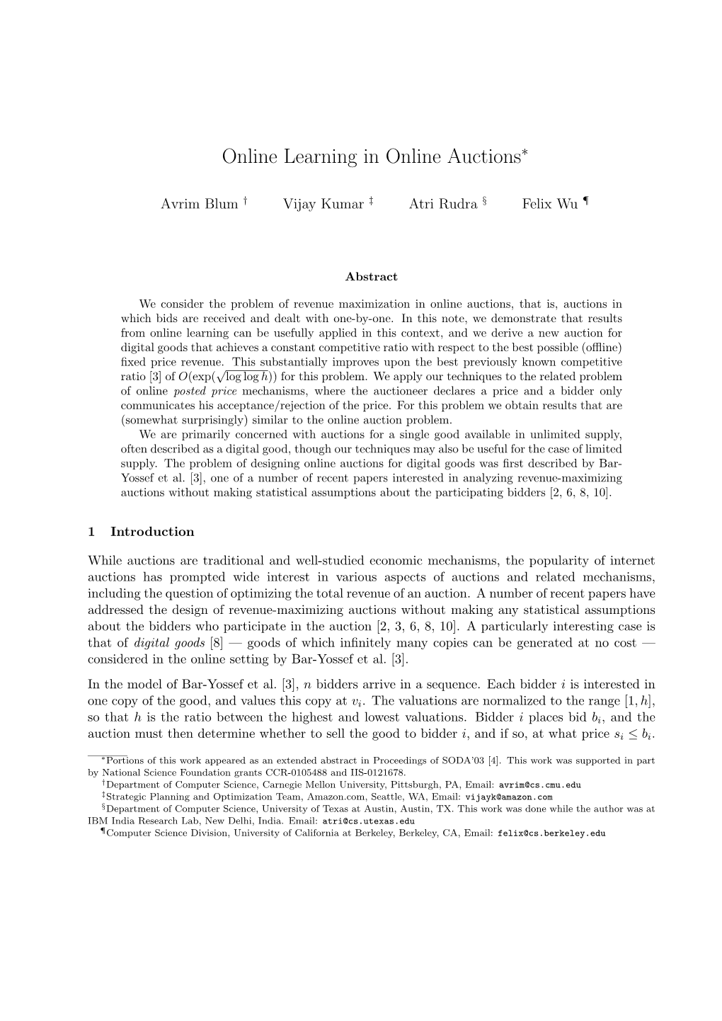Online Learning in Online Auctions∗