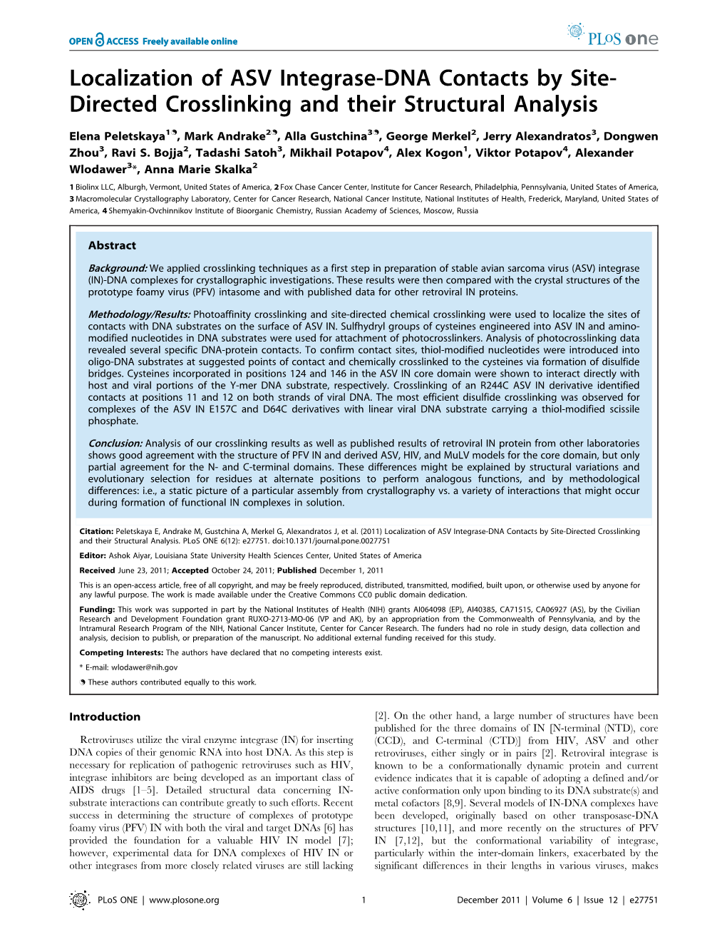 Localization of ASV Integrase-DNA Contacts by Site- Directed Crosslinking and Their Structural Analysis