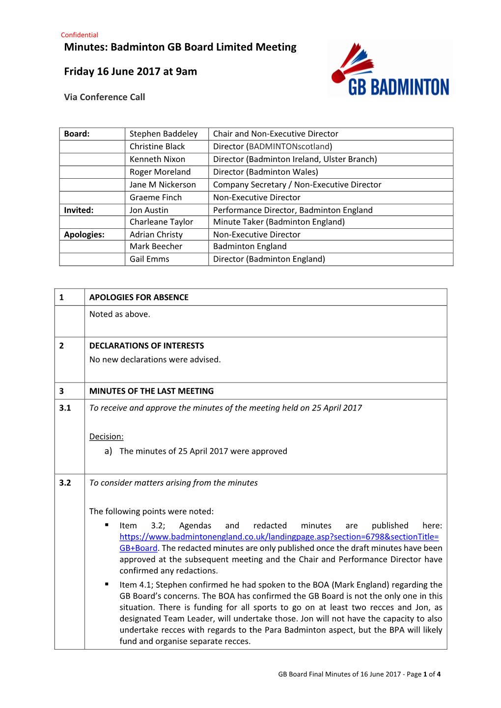 Minutes:Badminton GB Board Limited Meeting