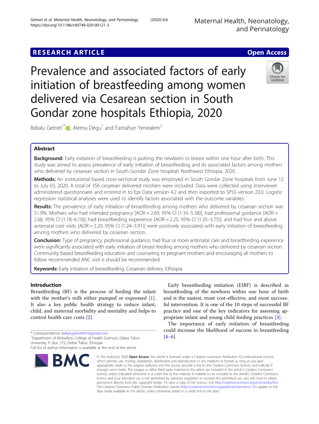 Prevalence and Associated Factors of Early Initiation of Breastfeeding