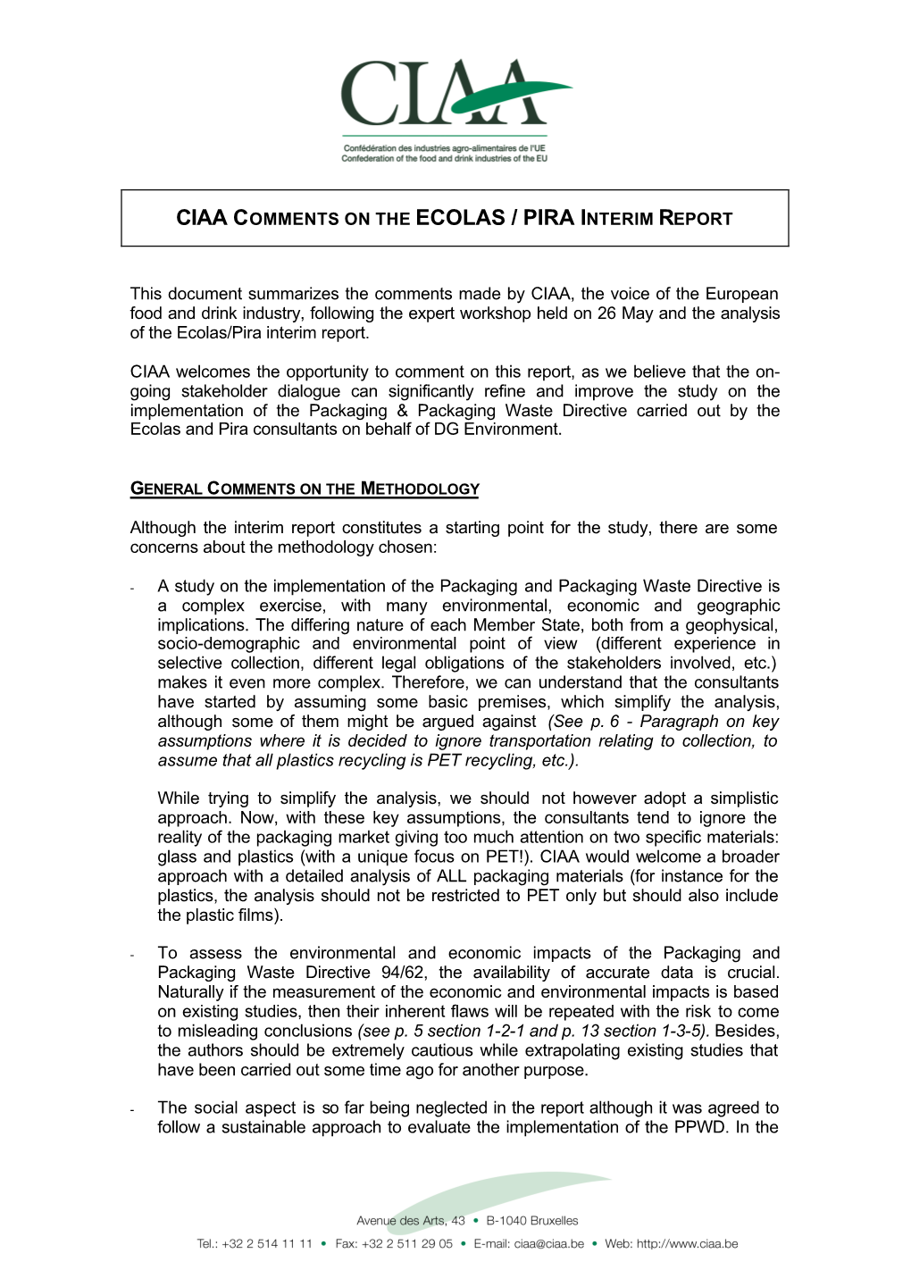 CIAA Comments Ecolas Pira Report Final