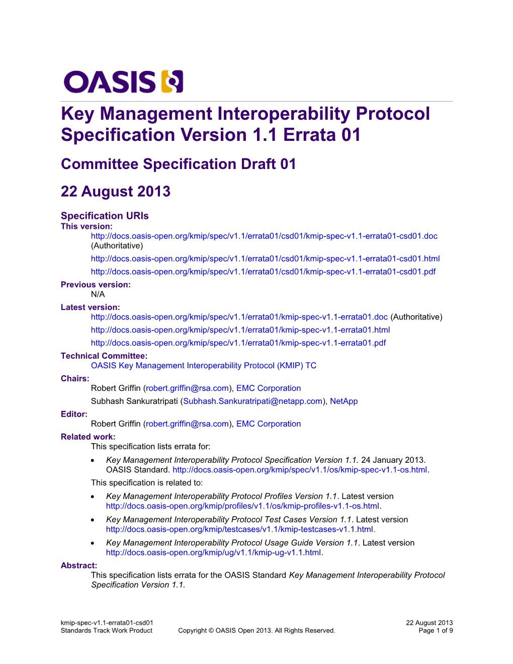 Key Management Interoperability Protocol Specification Version 1.1 Errata 01