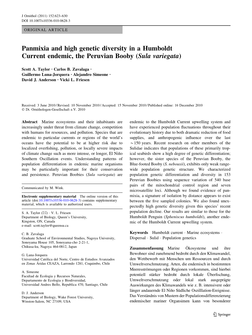 Panmixia and High Genetic Diversity in a Humboldt Current Endemic, the Peruvian Booby (Sula Variegata)