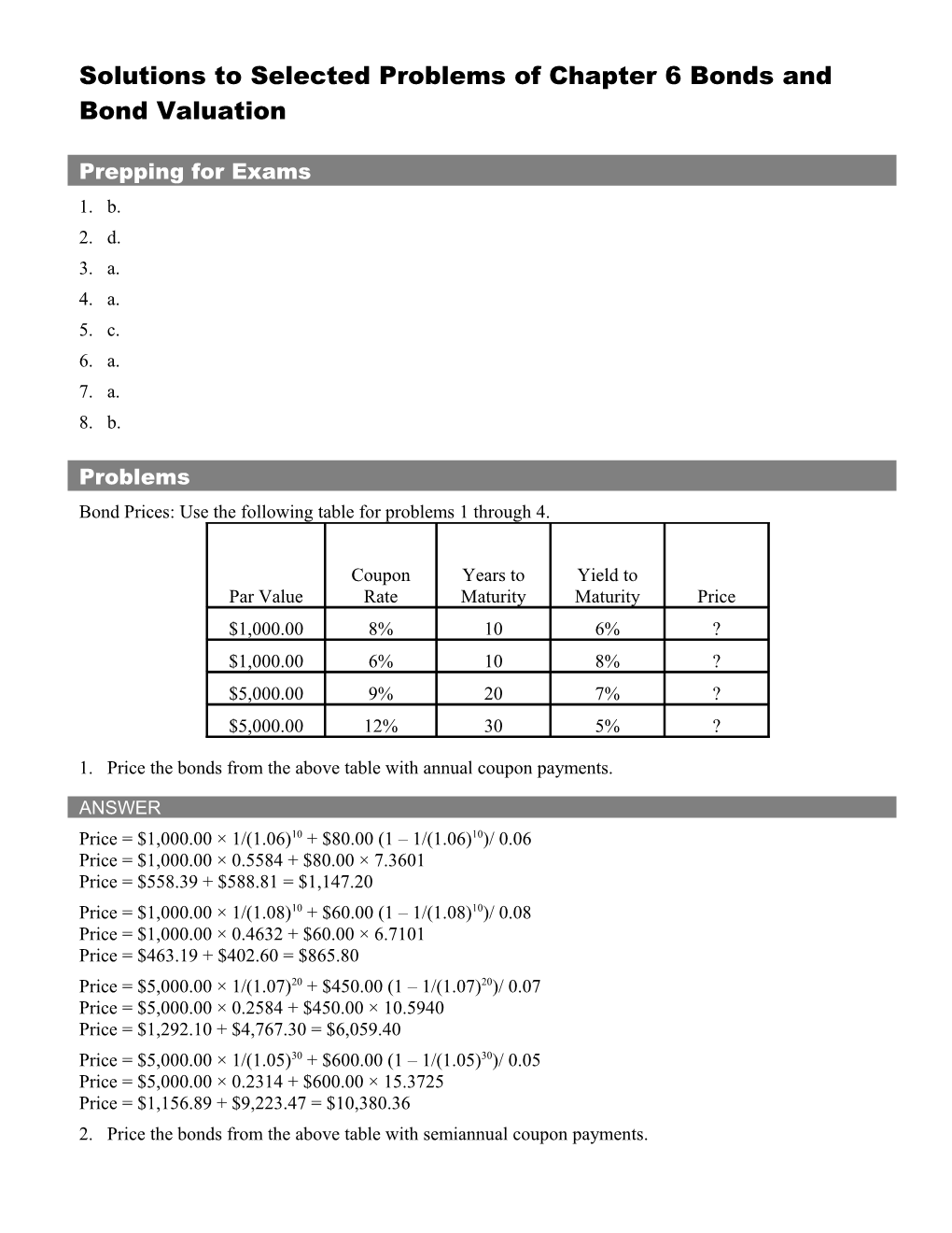 Solutions to Selected Problems of Chapter 6 Bonds and Bond Valuation