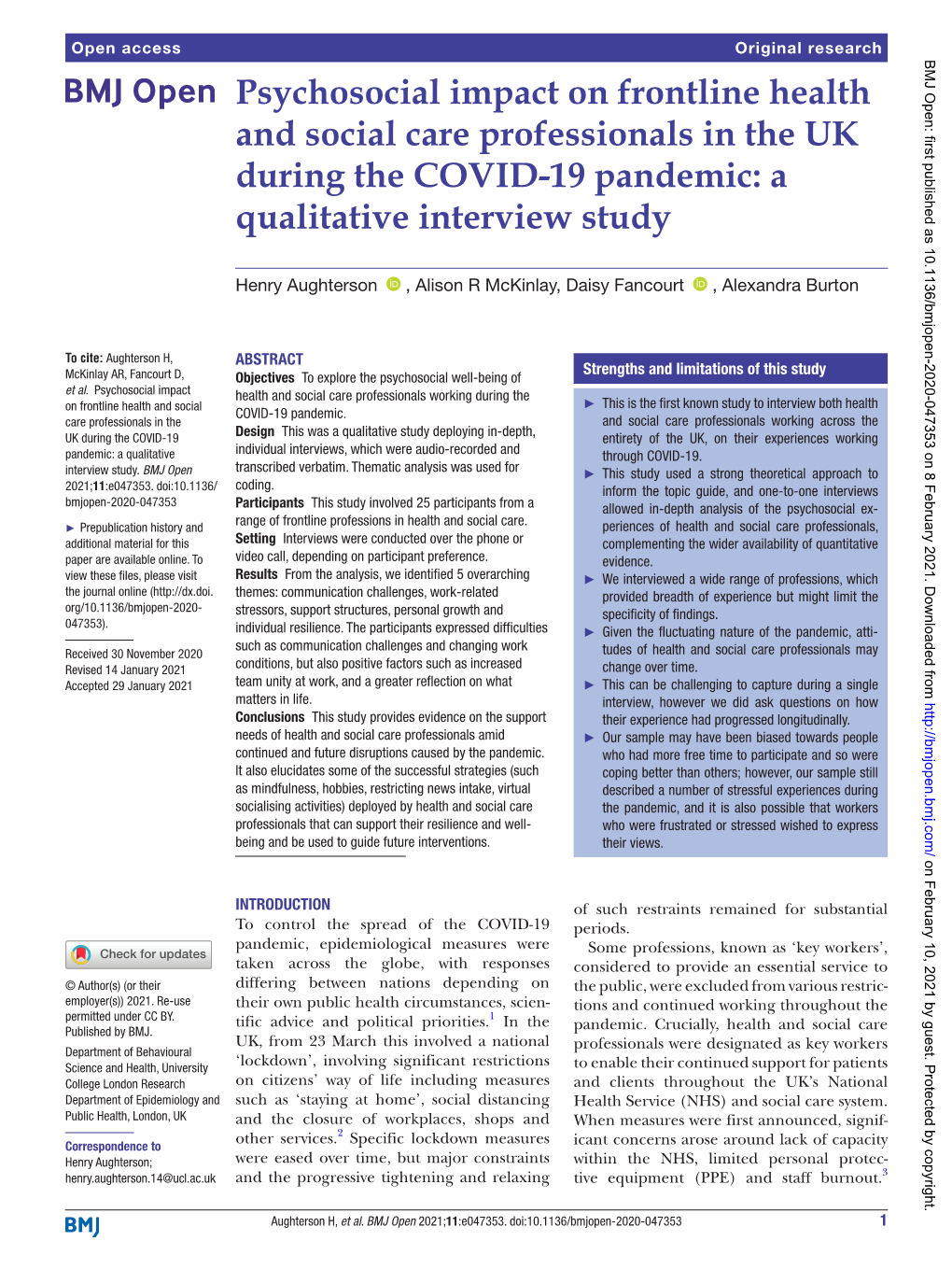 Psychosocial Impact on Frontline Health and Social Care Professionals in the UK During the COVID-19 Pandemic: a Qualitative Interview Study