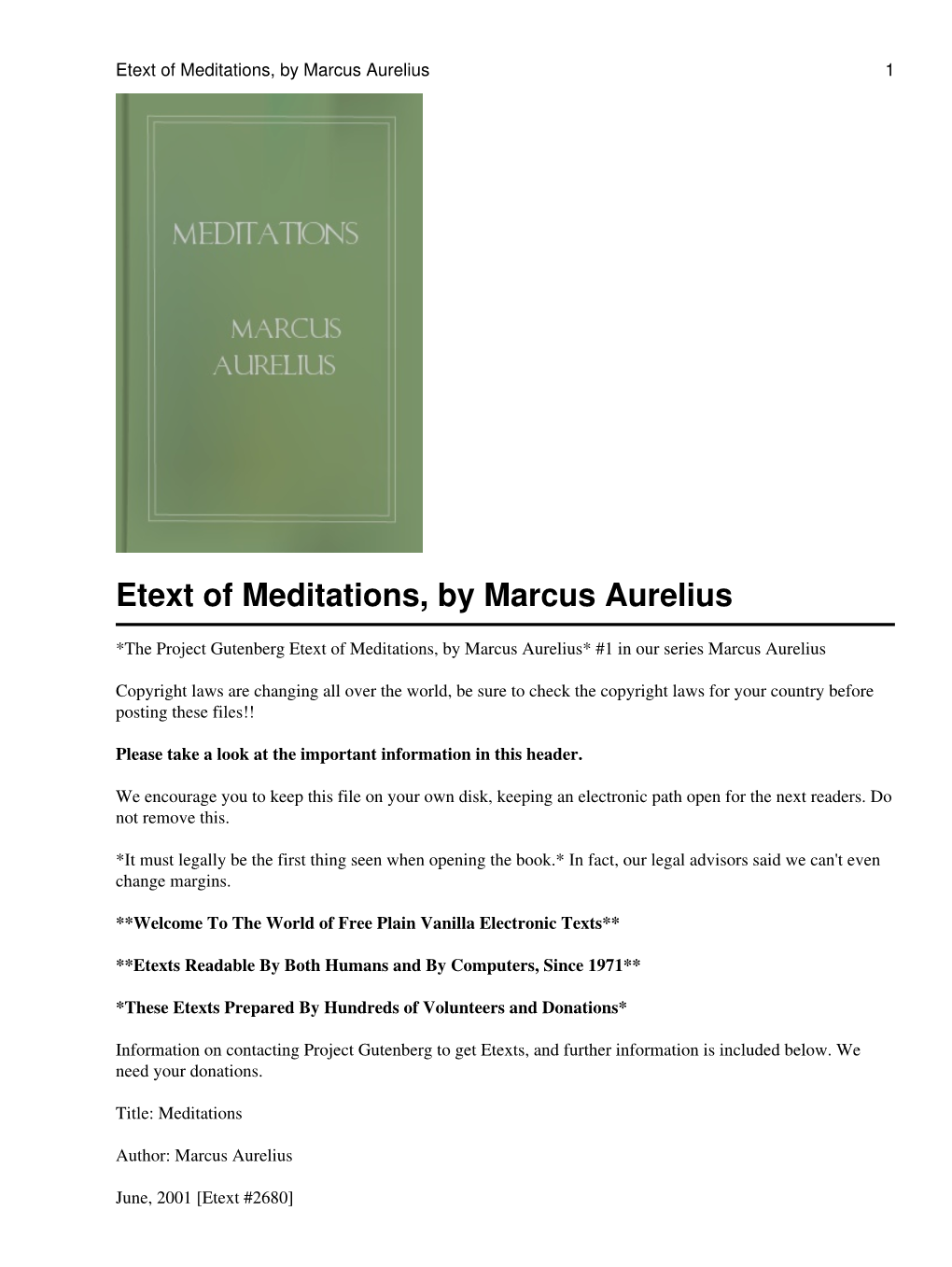 Etext of Meditations, by Marcus Aurelius 1