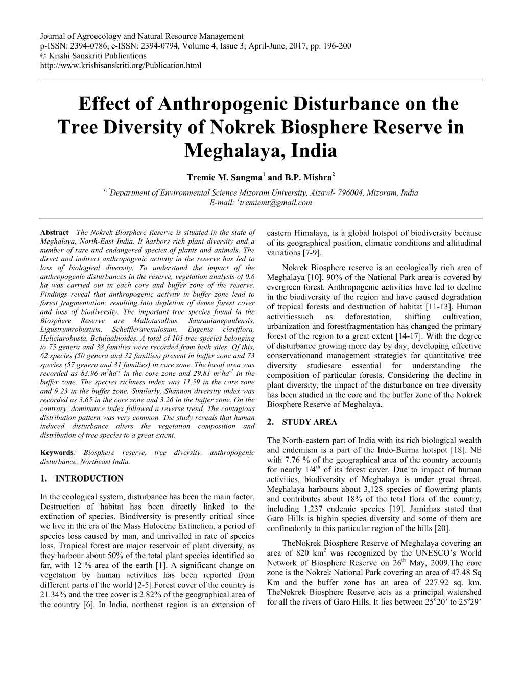 Effect of Anthropogenic Disturbance on the Tree Diversity of Nokrek Biosphere Reserve in Meghalaya, India